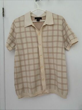 ETHAN PIERCE Preppy Beige Tan Plaid Short-Sleeve Knit Polo Shirt Size Medium